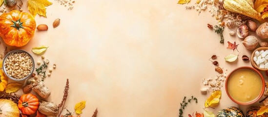 Poster - Autumn harvest background with pumpkins, nuts, leaves, and empty space for text. Seasonal cuisine and festive decoration concept. Copy Space.