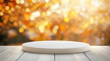 Poster - Round wooden display platform with blurred autumn bokeh background and copy space for product placement or text