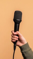 Poster - Hand holding a professional microphone with cable against a vibrant orange backdrop, creating a striking visual for music, karaoke, and public speaking concepts