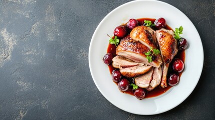 Wall Mural - Roasted duck served with cherries and sauce on a white plate with copy space for text