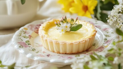 Poster - Delicate lemon tart on floral plate with edible flowers and decorative greenery in soft natural light Copy Space