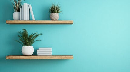 Fototapete - Minimalistic shelves with books and potted plants against a turquoise wall with Copy Space for text placement.