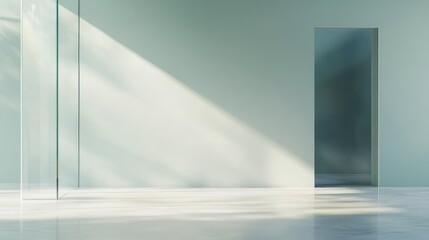 Poster - Minimalist interior space with light green walls and natural sunlight casting shadows, featuring an open doorway and ample Copy Space.