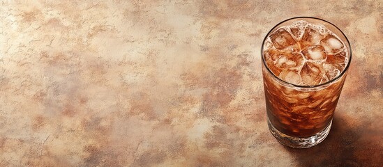 Poster - Glass of iced beverage with ice cubes on textured brown background with copy space for text
