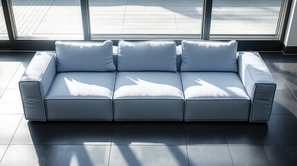Poster - Modern minimalist white sofa in sunlit room with large windows and shadows on the floor Copy Space