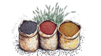 Poster - Bags filled with black red and yellow seeds placed on a white background with copy space for text