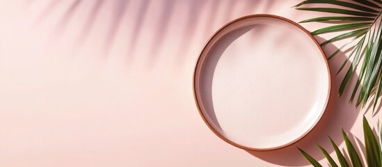 Poster - Minimalistic empty ceramic plate on a soft pink background with tropical palm leaves and ample Copy Space for text placement.
