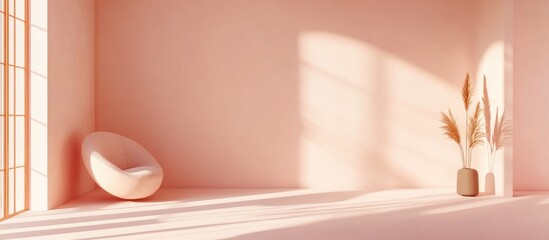 Poster - Minimalistic interior design with soft pink walls, natural light casting shadows, modern furniture, and decorative plant in a vase Copy Space