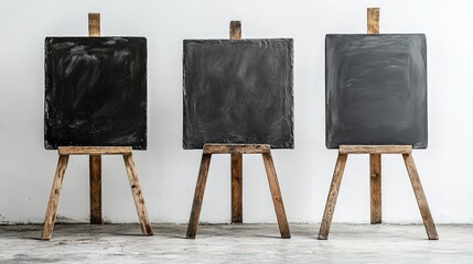 Aufkleber - Three blank black chalkboards on wooden easels against a white wall with Copy Space for text placement