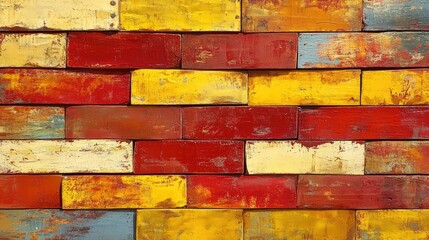 Poster - Colorful wooden wall made of painted blocks in red yellow and blue hues with visible texture Copy Space