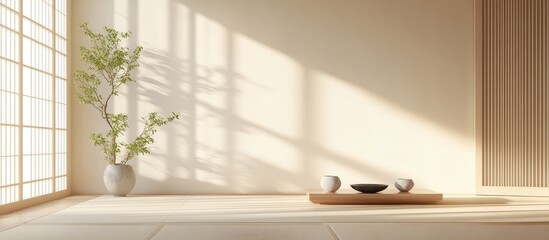 Poster - Minimalist interior design with natural light highlights, featuring a vase with plants, simple tableware, and ample Copy Space.