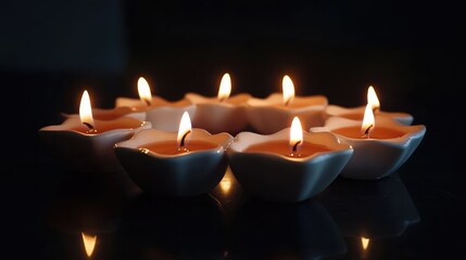 Poster - Candlelight arrangement in small bowls with warm glowing flames on dark background Copy Space