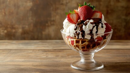 Poster - Delicious strawberry sundae with whipped cream and chocolate drizzle in a glass bowl on rustic wooden table with Copy Space