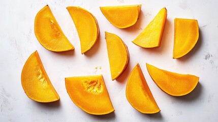 Poster - Slices of fresh orange pumpkin arranged on a white surface with Copy Space for text placement