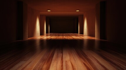 Poster - Empty interior space with hardwood flooring and dramatic lighting shadows Copy Space