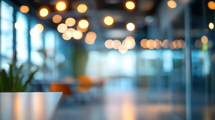 Fototapete - Blurry interior of a modern office space with warm ambient lighting and copy space for text usage