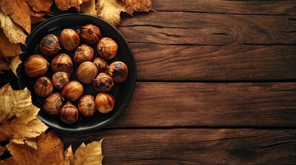 Poster - Plate of hazelnuts on a wooden surface surrounded by autumn leaves with Copy Space for text