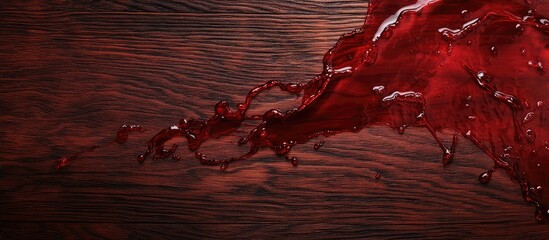 Poster - Red liquid splashing on dark wooden surface with rich texture and copy space for text