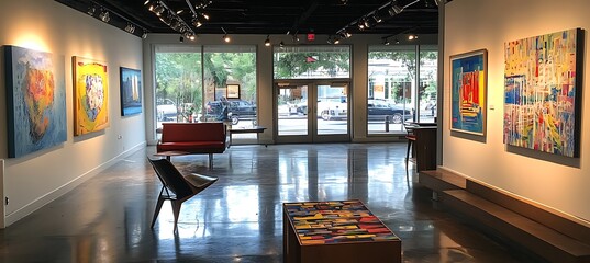 Poster - an artistic gallery with open spaces, minimalist displays, and creative lighting arrangements