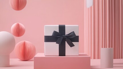 Poster - Gift box with black ribbon on pink pedestal surrounded by decorative elements Copy Space
