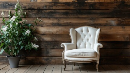 Aufkleber - Vintage white armchair with tufted cushions beside a potted flowering plant against a rustic wooden wall Copy Space