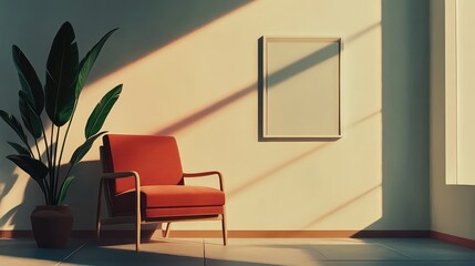Poster - Interior design scene featuring a red armchair, potted plant, and empty frame on a sunlit wall with copy space for text