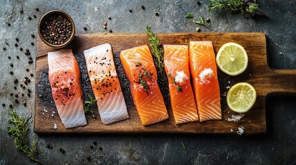 Aufkleber - Fresh salmon fillets with herbs and lemon slices on wooden cutting board Copy Space