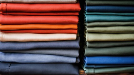 Poster - Colorful folded fabric stacks in various shades arranged neatly on a wooden surface with space for text