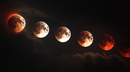 lunar eclipse sequence showing different phases of the moon against a dark sky with clouds copy spac