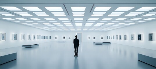 Poster - an artistic gallery with open spaces, minimalist displays, and creative lighting arrangements