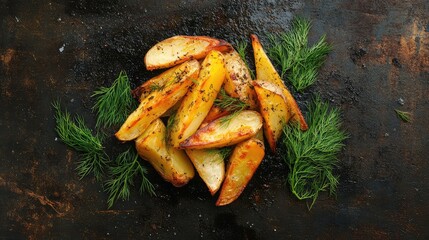 Poster - Roasted potato wedges garnished with fresh dill on a rustic dark background Copy Space