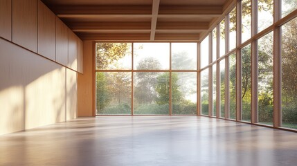 Poster - Modern empty interior space with large windows showcasing natural light and greenery outside, ideal for architectural designs, Copy Space.