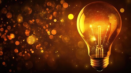 Poster - Light bulb glowing with golden bokeh effect on dark background with copy space for text