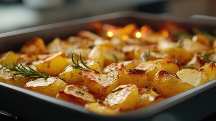 Poster - Golden roasted potatoes with herbs in a baking tray on a kitchen counter with warm lighting and copy space