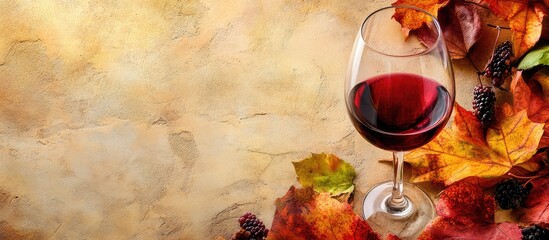 Aufkleber - Red wine glass on rustic background surrounded by colorful autumn leaves and dark grapes with Copy Space for text placement.