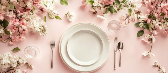 Poster - White dining plates with silver cutlery on pink background decorated with pink and white flowers, elegant table setting with copy space.