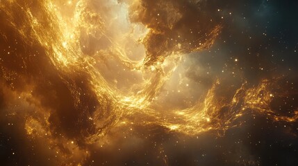Poster - Cosmic abstract background with swirling golden nebula and stars in deep space. Copy Space for text or branding.