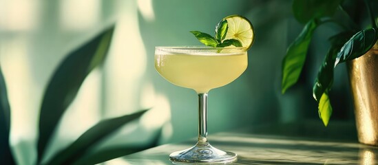 Aufkleber - Margarita cocktail in a glass with lime slice and mint leaf surrounded by natural light and green plant Copy Space