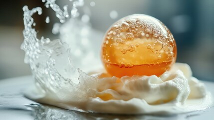 Poster - Close-up of a floating orange sphere causing a splash in creamy liquid, with a soft background and ample copy space.