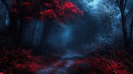 Poster - Mysterious forest path with fog and vibrant red foliage, showcasing dramatic lighting and deep shadows, Copy Space available