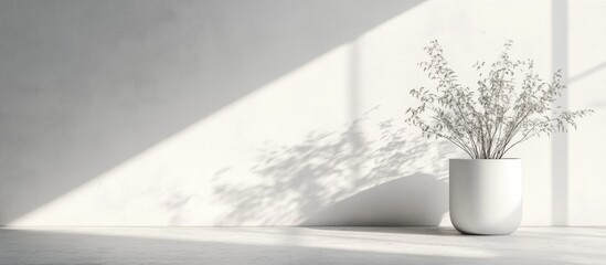 Poster - minimalist interior scene with white wall, potted plant casting shadows, and soft light from window,