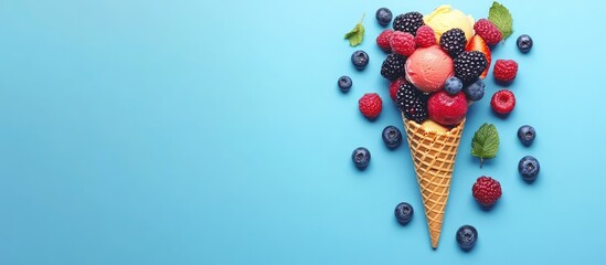 Poster - Ice cream cone with assorted berries and mint leaves on a blue background with Copy Space for text