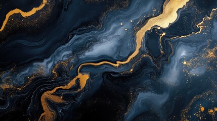 Aufkleber - Abstract dark blue and black fluid art background with golden metallic streaks and copy space for text