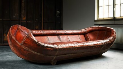 Poster - Vintage leather sofa with unique design in modern interior setting with natural light and ample copy space.