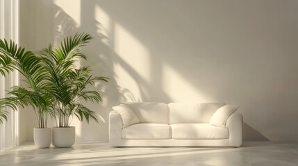 Poster - Modern living room with a white couch and indoor plants, showcasing natural light and shadows, Copy Space for text placement.