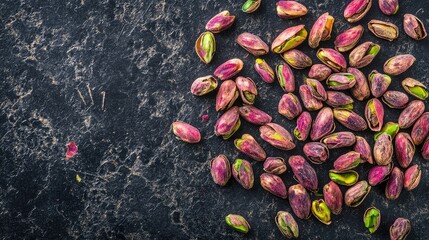Poster - Raw pistachio nuts scattered on a dark textured surface with copy space for text addition