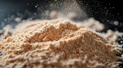 Poster - Fine golden brown powder with dust particles suspended in the air on dark background with Copy Space for text placement.
