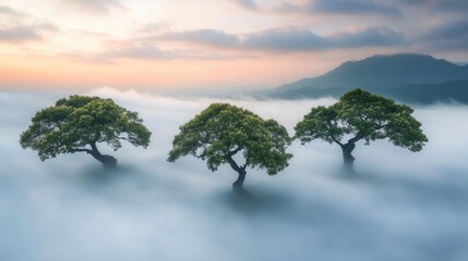 Poster - Three Isolated Trees Emerging from Fog with Colorful Sunrise in the Background Copy Space