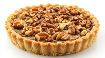 Aufkleber - Pecan pie tart with a golden crust and visible pecan nuts on top against a white background Copy Space