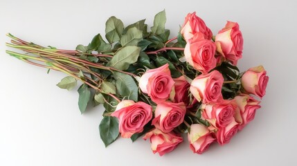 Aufkleber - Bouquet of fresh pink roses with green leaves arranged on a white background Copy Space